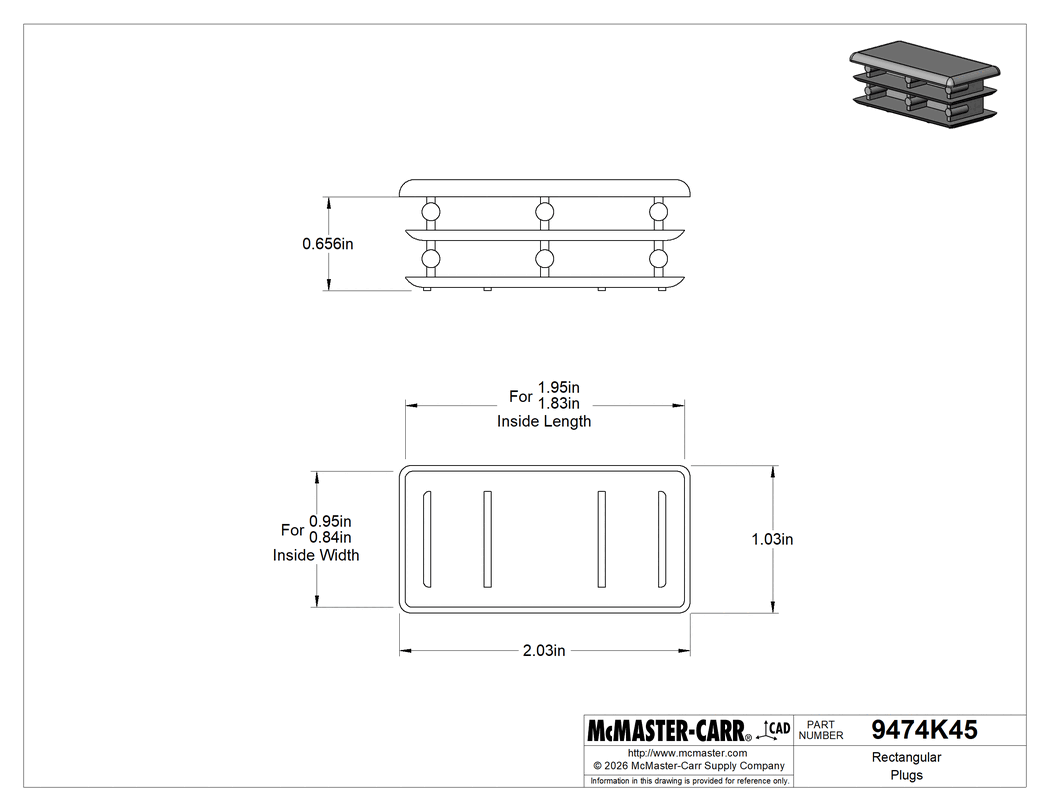 Technical Drawing of Rectangular Plugs, Snap-in, for 1.83"-1.95" Long x 0.84"-0.95" Wide Inside.